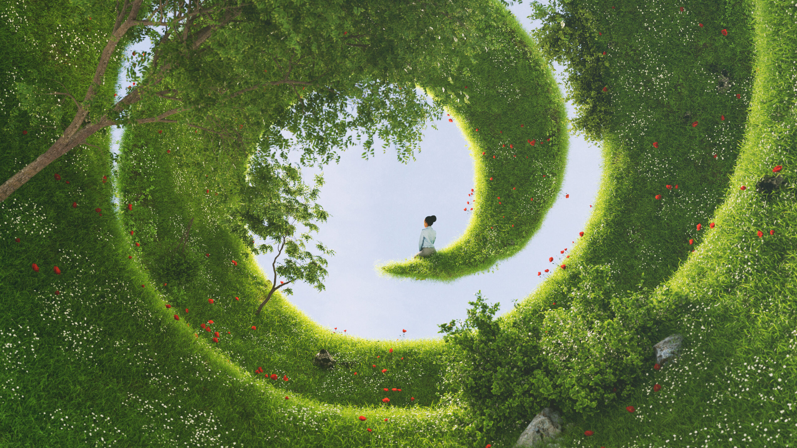 A female sitting at the end of a bizarre garden on a spiral landscape. All items in the scene are 3D